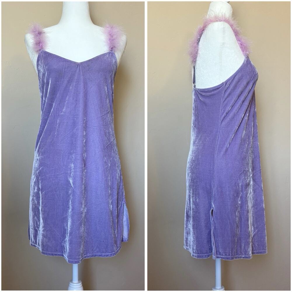 Dolls Kill Sugar Thrillz Pastel Purple Velour Pink Feather Strap Festival Dress
